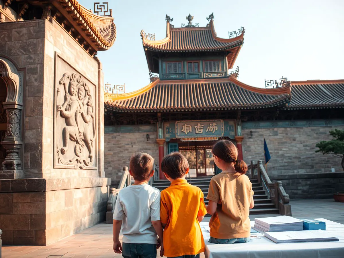 家庭游客在古迹前听导游讲解,文化主题游场景